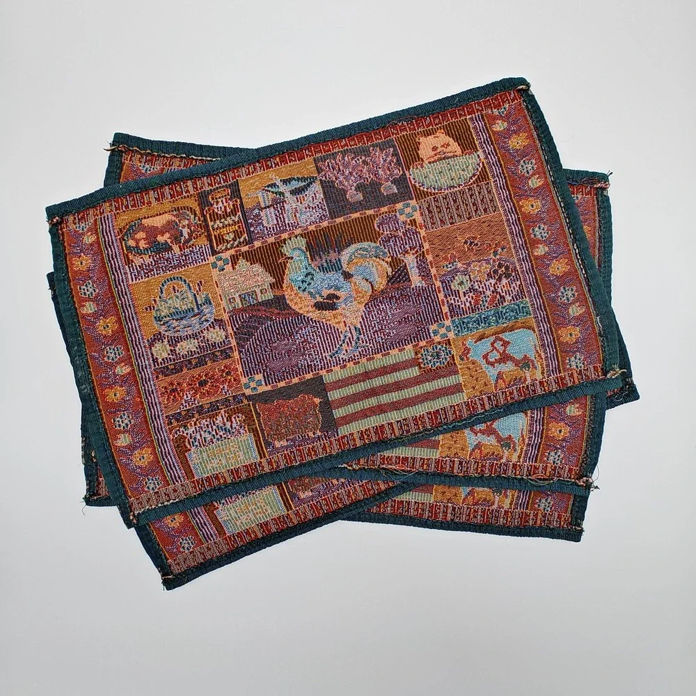 Set of 7 Vintage Farmhouse Rooster Tapestry Placemats Country Kitchen Woven‎